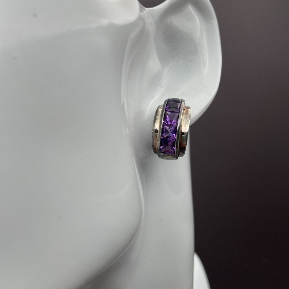 Sterling Silver 925 Channel Set Purple Amethyst Open Hoop Earrings Pierced - Picture 9 of 13